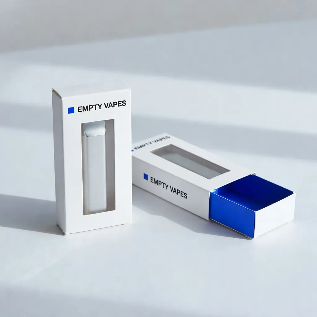 Caja con funda troquelada con ventana y bandeja, hardware de vapeo vacío